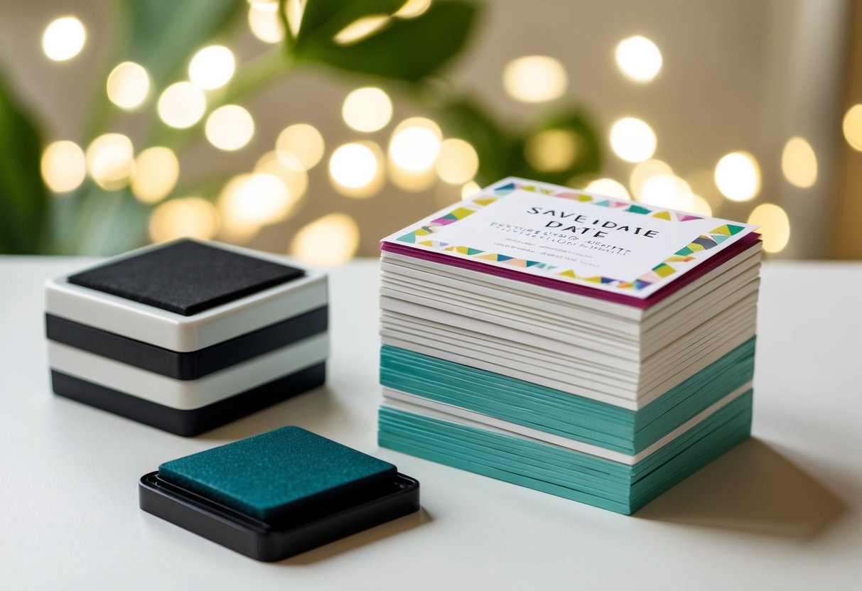 A stack of personalized save the date cards with various designs and colors, next to a pile of stamps and an ink pad