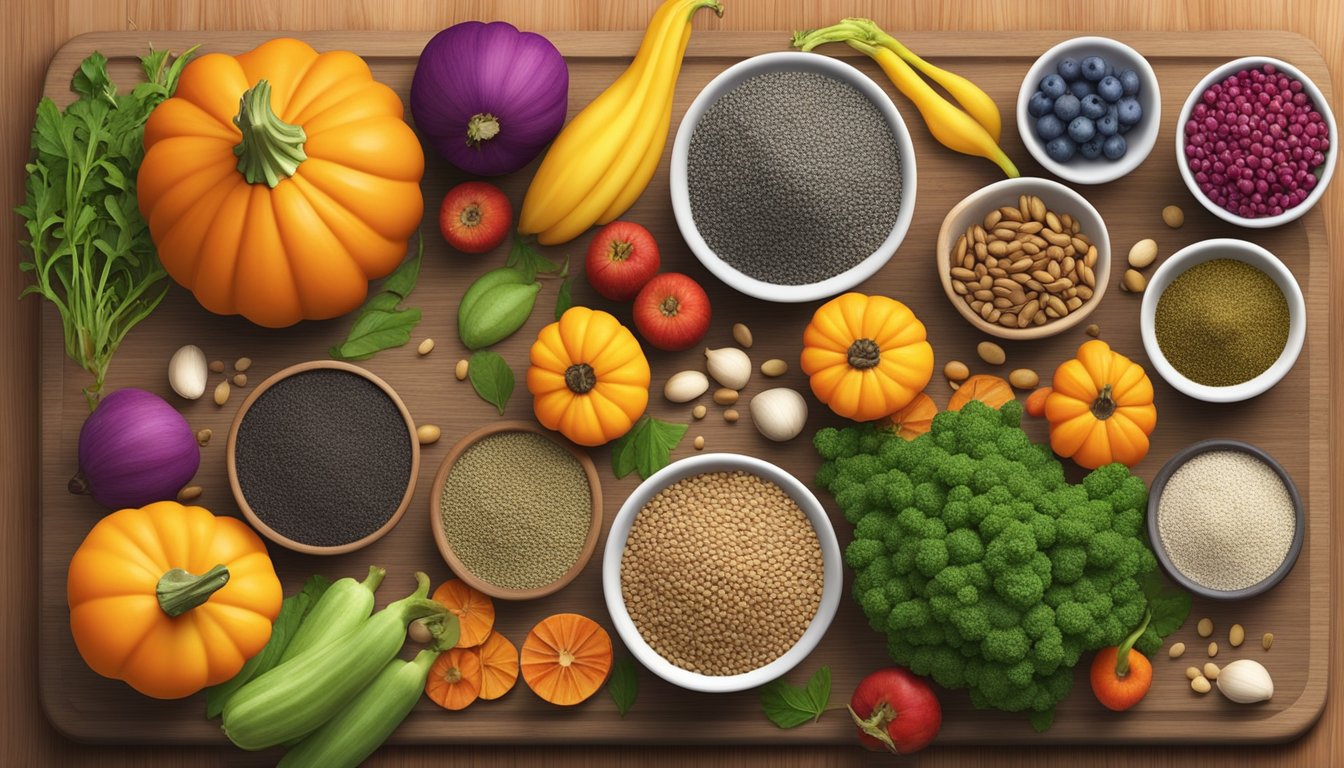 A variety of raw seeds (such as chia, flax, and pumpkin) arranged on a wooden cutting board, surrounded by colorful fruits and vegetables