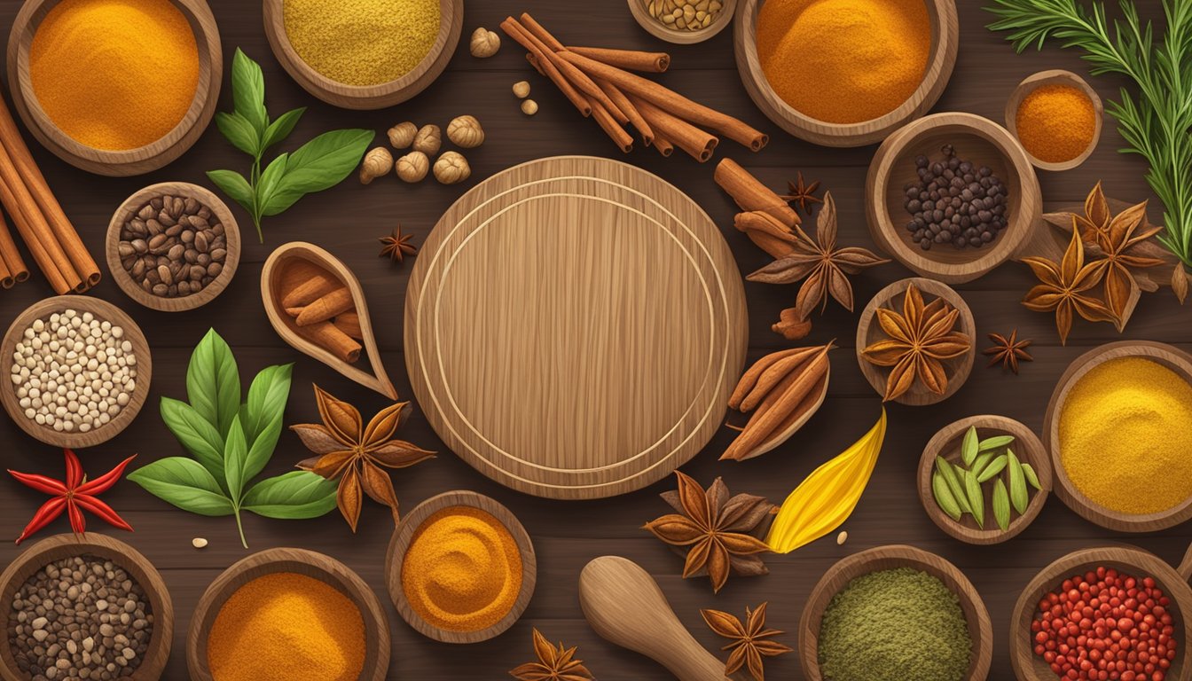 A variety of colorful spices arranged in a circular pattern on a wooden cutting board, including turmeric, cinnamon, ginger, and cumin