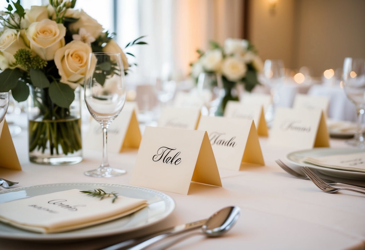 A table set with elegant place cards, each delicately adorned with the guests' first names, awaits the final touches for a wedding reception