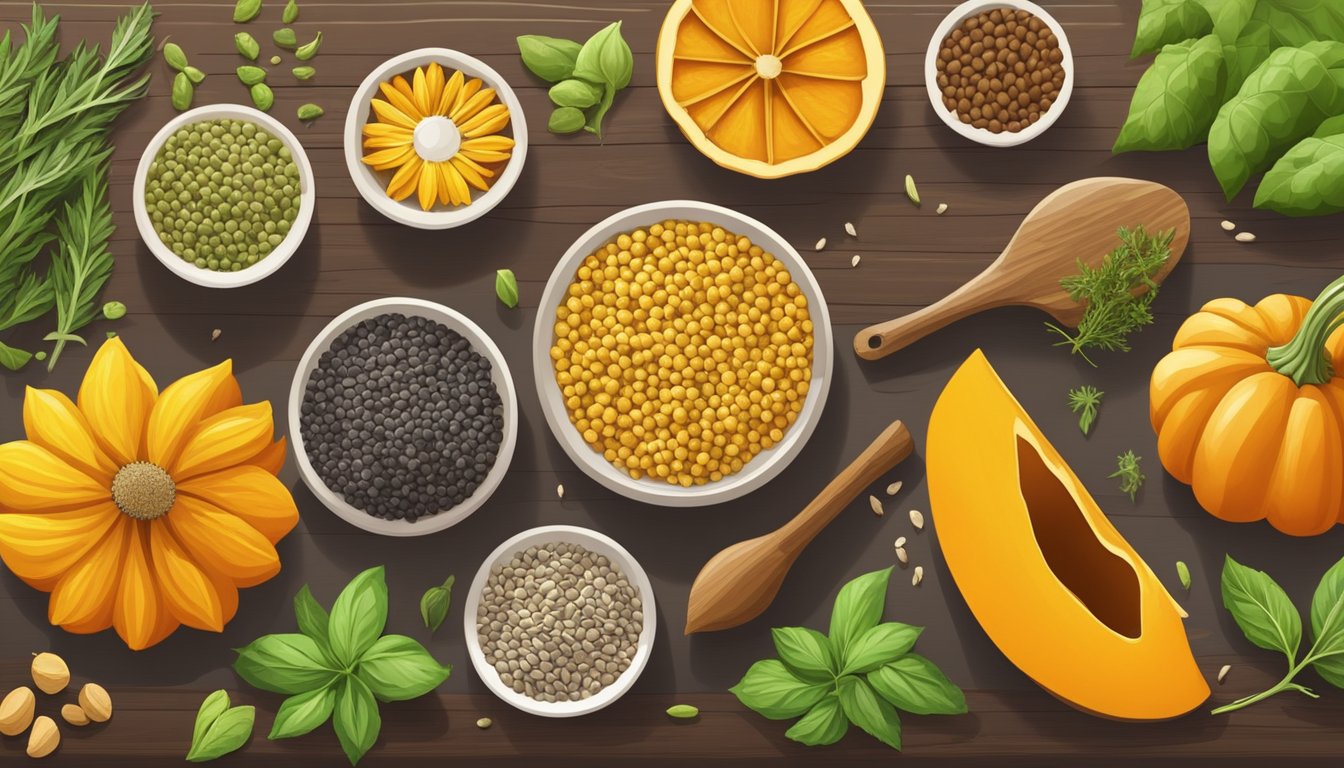 A variety of seeds, such as sunflower, chia, and pumpkin, are spread out on a wooden cutting board, surrounded by fresh herbs and spices