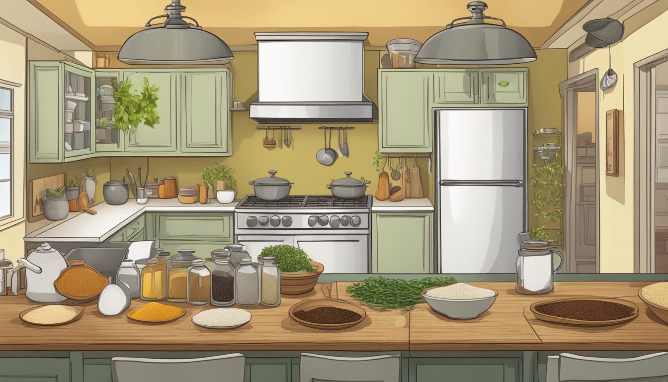 A kitchen scene with various raw spices and a question mark above them