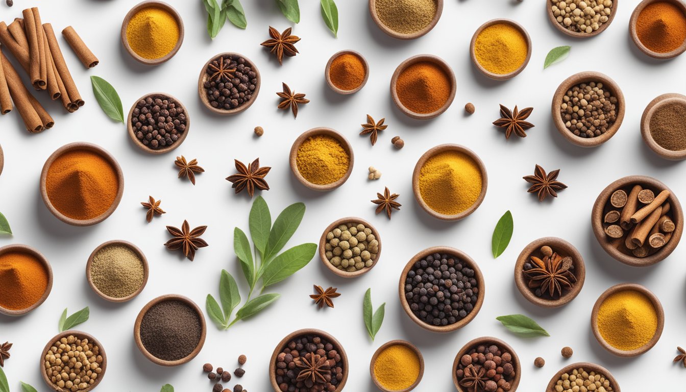 Various raw spices (cinnamon, cloves, etc.) arranged on a clean, white surface with a question mark hovering above them