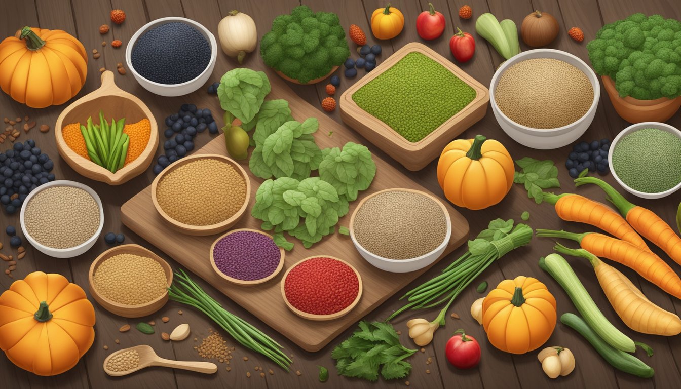 A variety of seeds (chia, flax, pumpkin, etc.) arranged on a wooden cutting board, surrounded by fresh fruits and vegetables