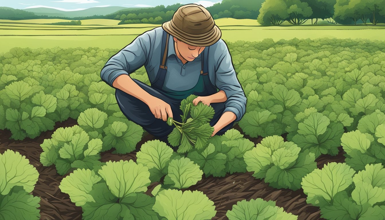 A person harvesting burdock root from the ground in a lush, green field