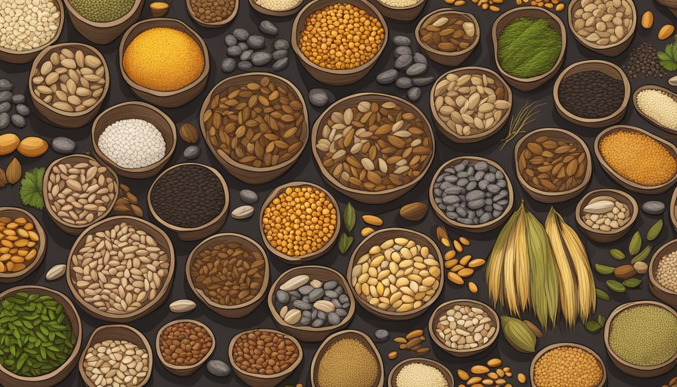 A variety of raw seeds scattered on a wooden table, each with distinct shapes, sizes, and textures. Some are smooth and round, while others are rough and irregular