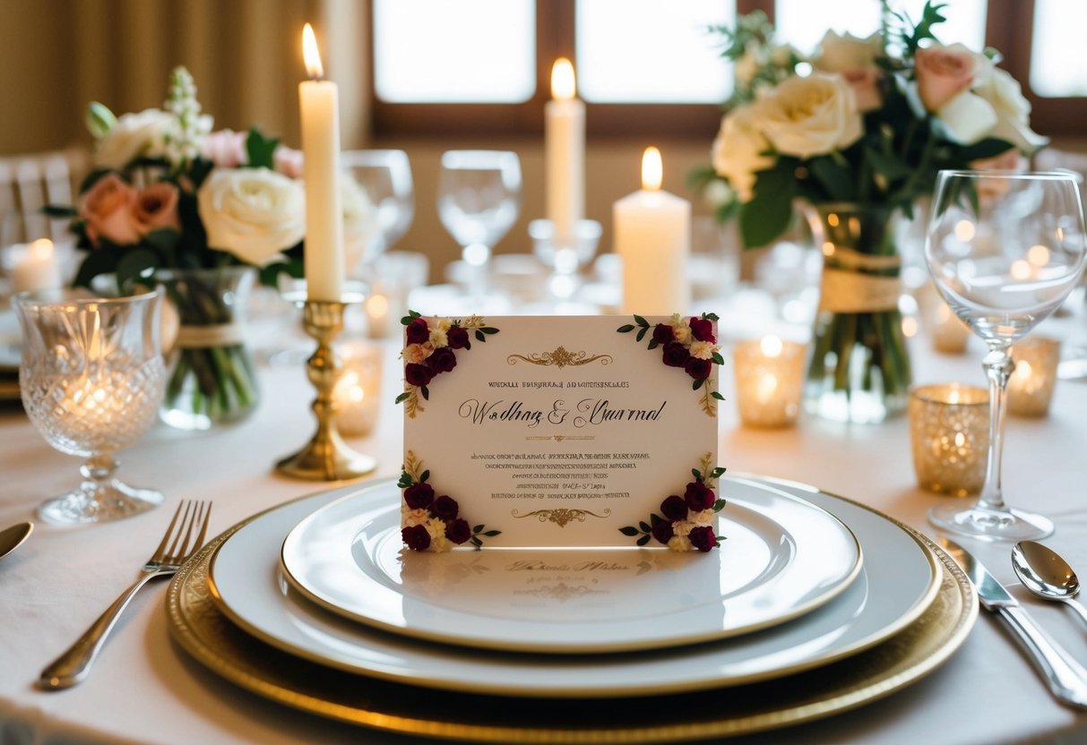 A table set with a elegantly decorated wedding card, surrounded by flowers and candles