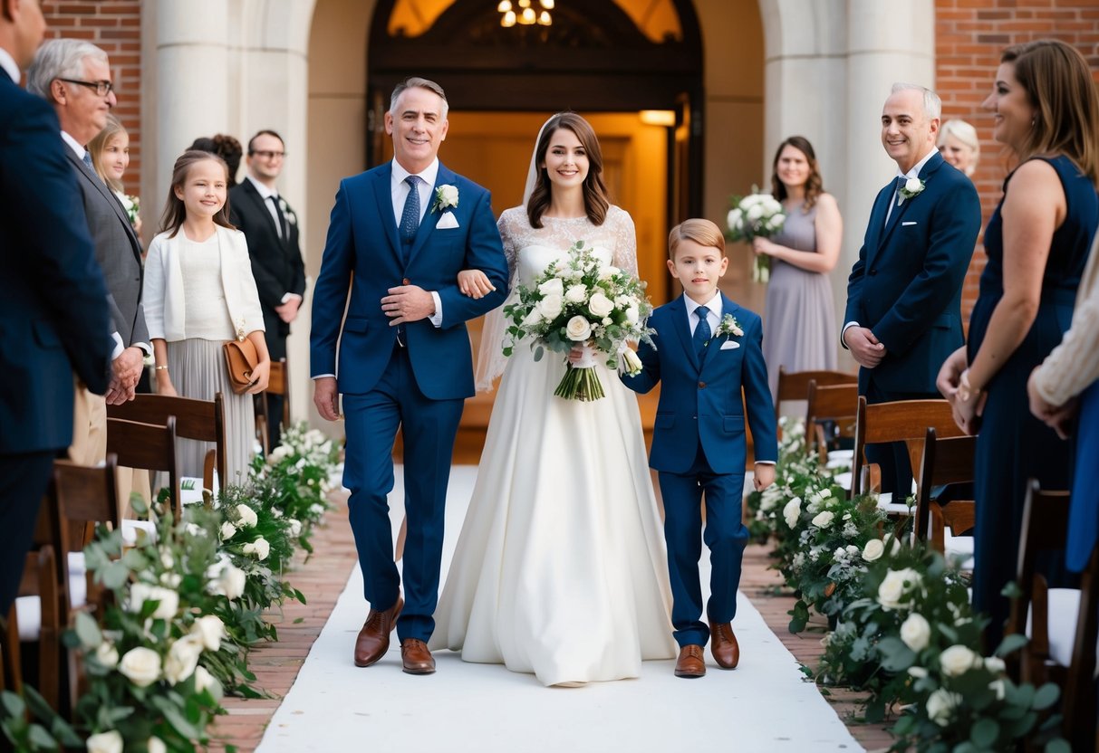 A family of four walks down the aisle, the parents leading the way with their two children following closely behind