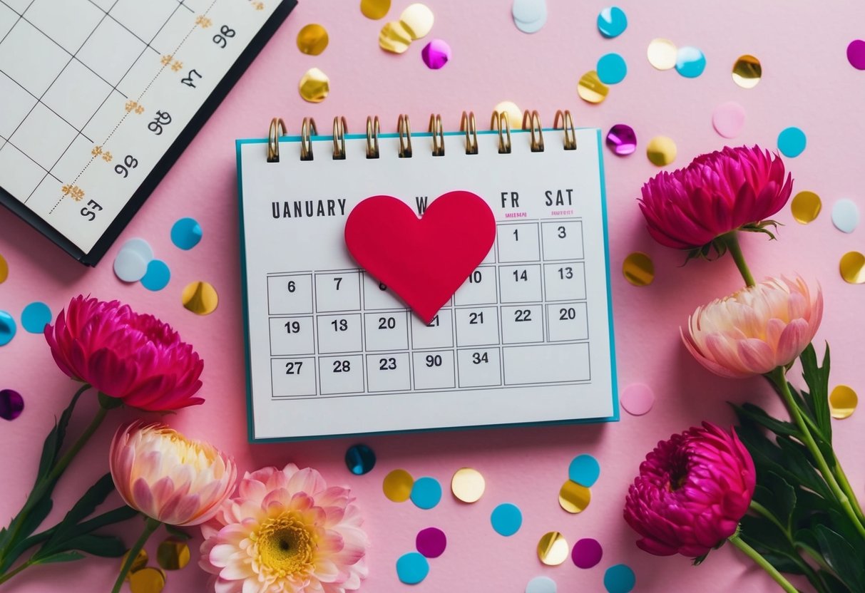 A calendar with a heart-shaped sticker marking a date, surrounded by flowers and confetti