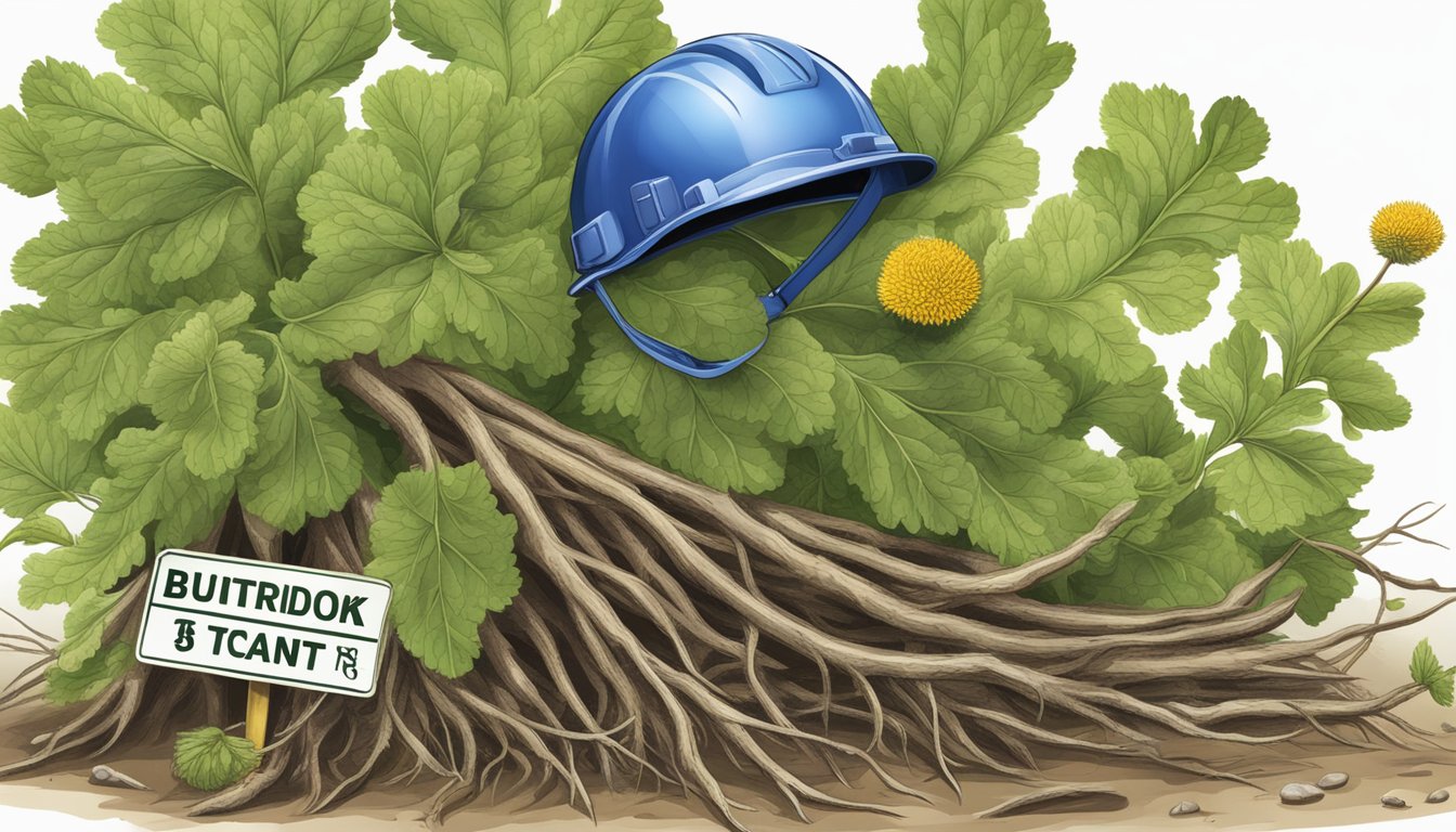 A burdock root with a safety helmet and a caution sign