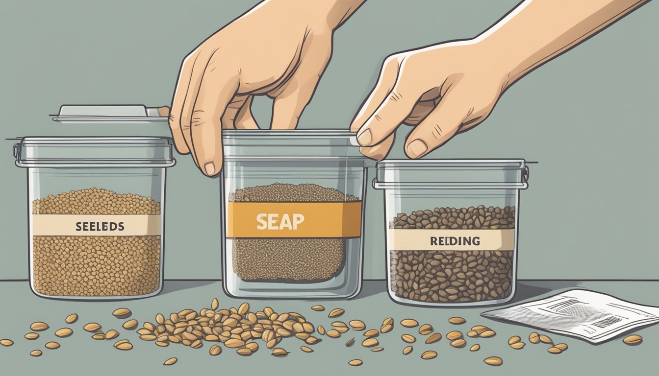 A hand reaching into a sealed container of raw seeds, with a label indicating proper handling and storage instructions