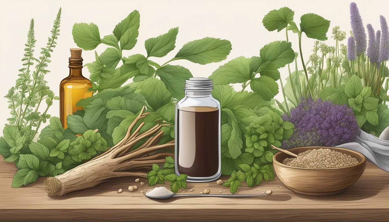 A burdock root with a measuring spoon next to it, surrounded by various herbs and plants, with a bottle of supplements in the background