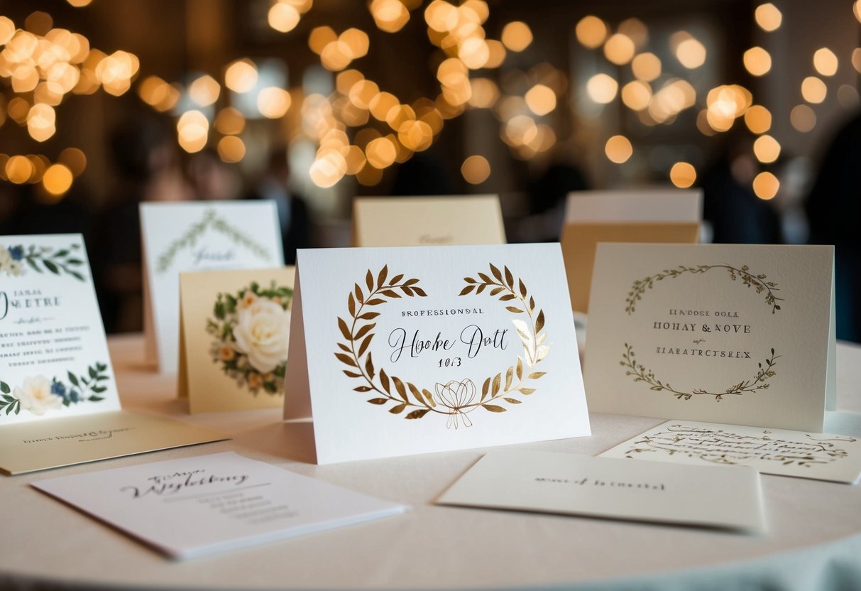 A table with various wedding cards, each featuring unique designs and messages for different relationships
