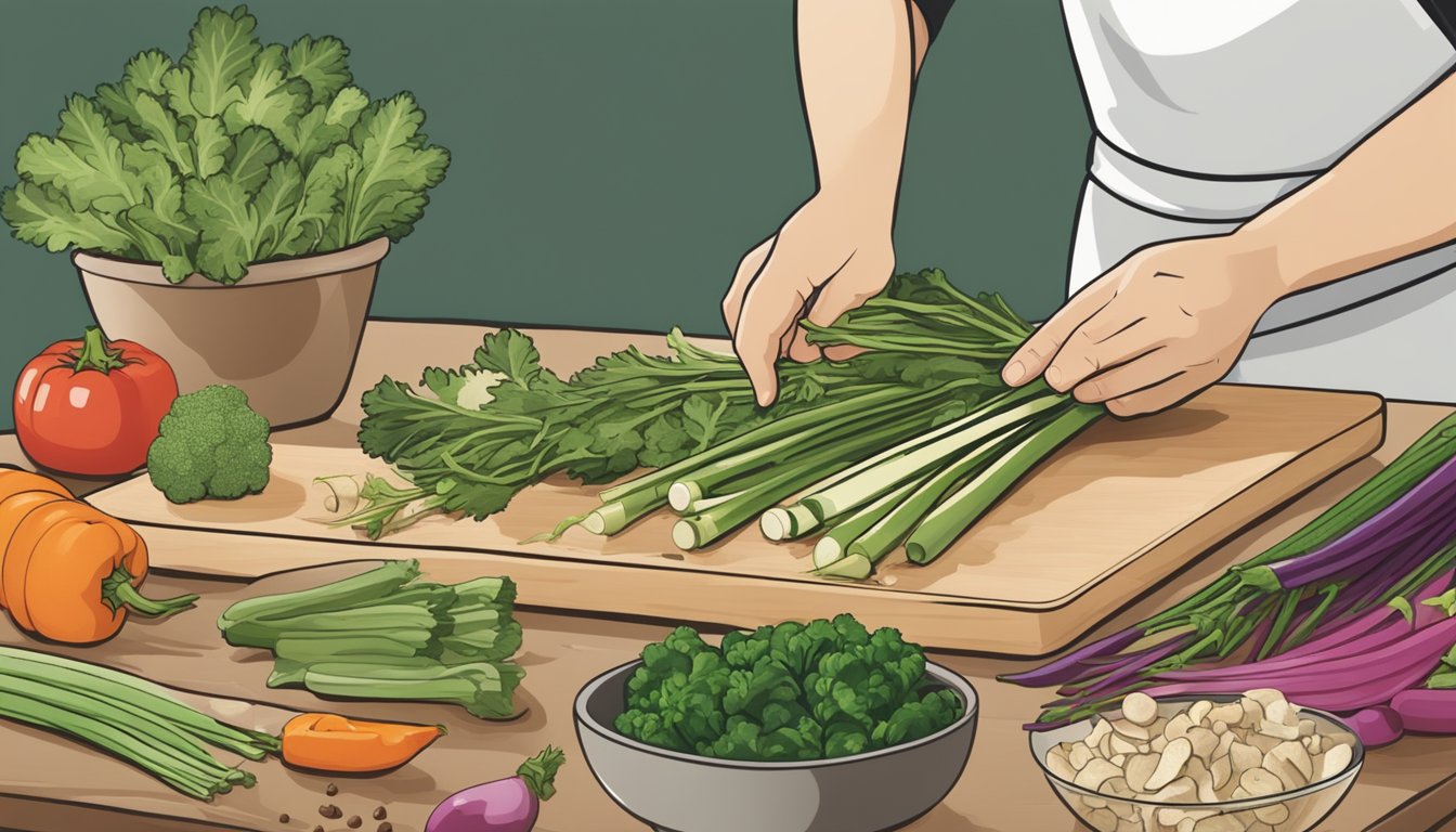 A person adding burdock root to a stir-fry, surrounded by fresh vegetables and a cutting board