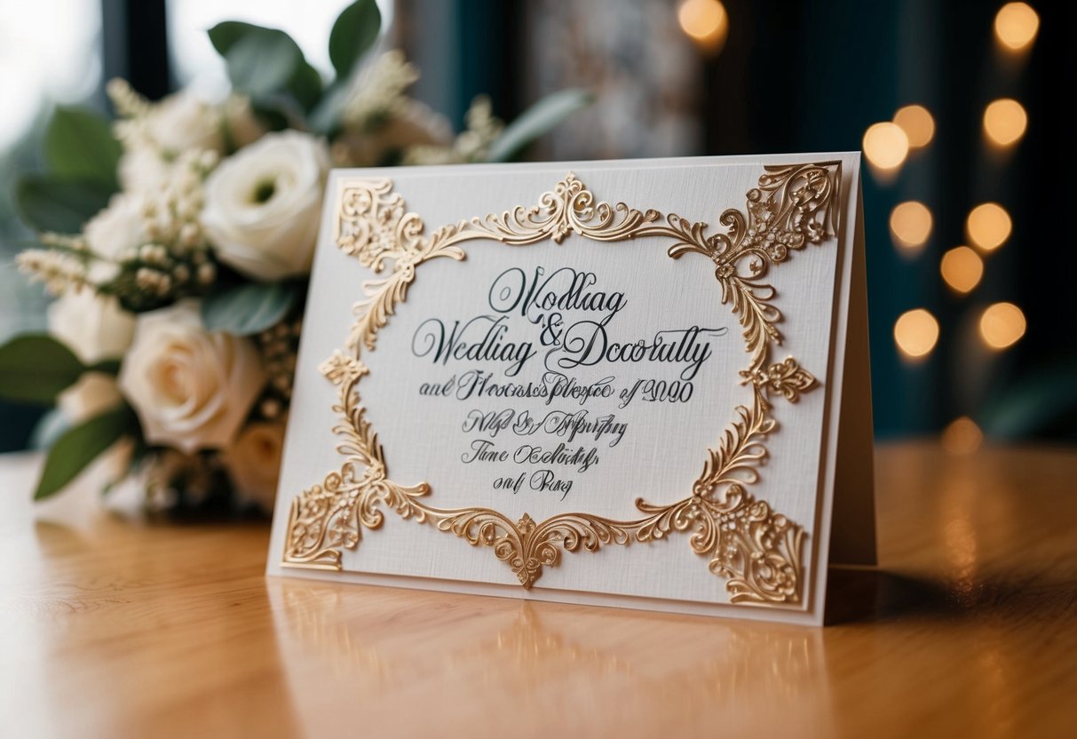 A beautifully decorated wedding card with elegant calligraphy and intricate designs