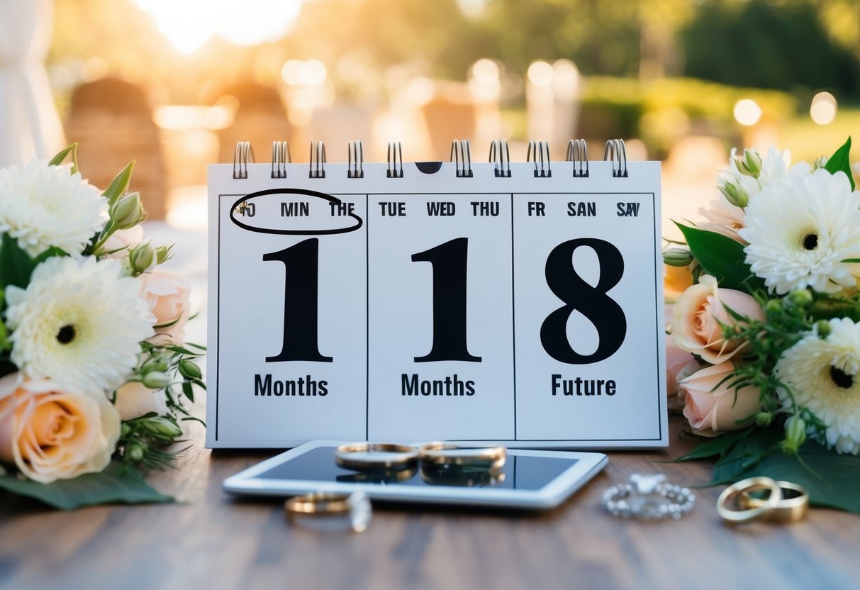 A calendar with the date 18 months in the future circled, surrounded by wedding-related items like flowers, rings, and a venue