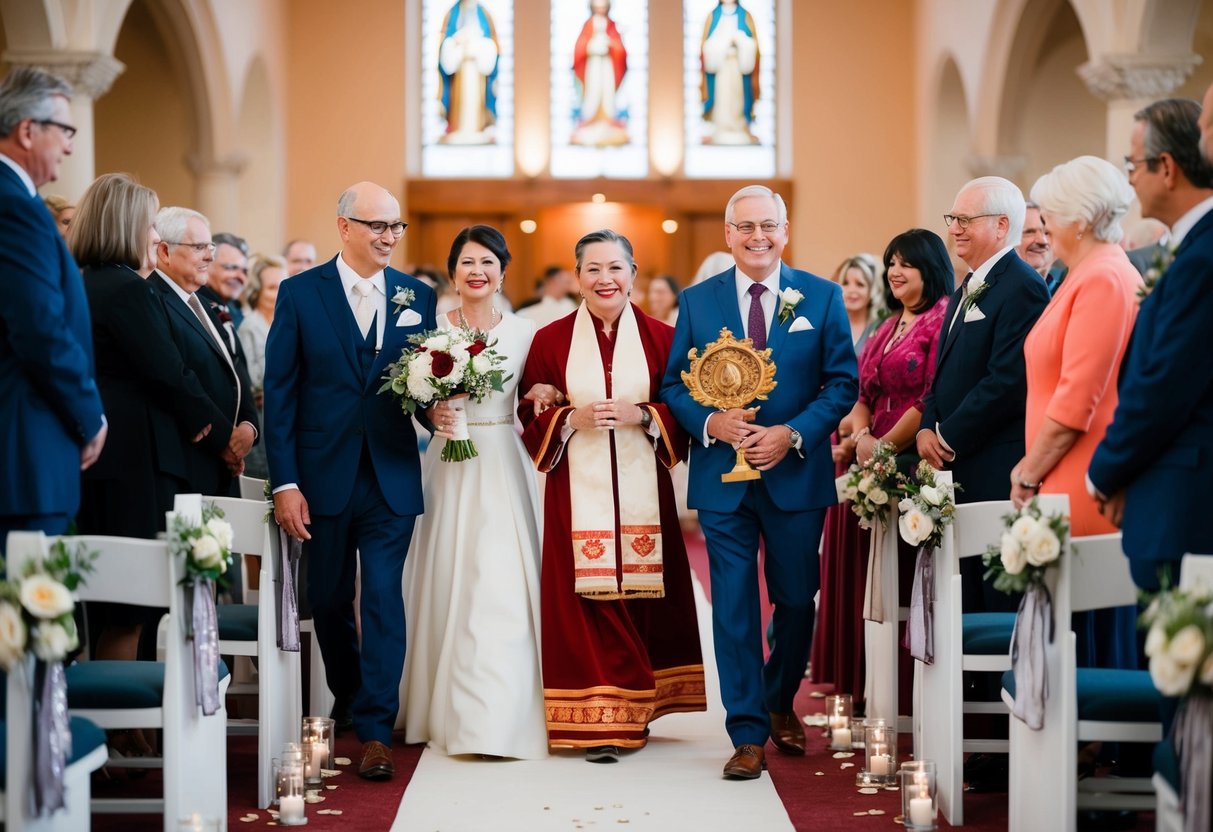 Family members walk down the aisle first, carrying symbols of cultural and religious significance
