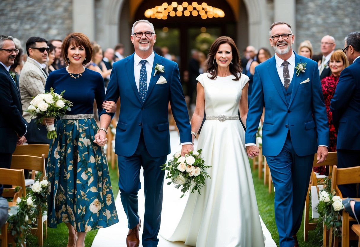 A family of four walks down the aisle together, each member displaying their own unique style and personality through their clothing and accessories