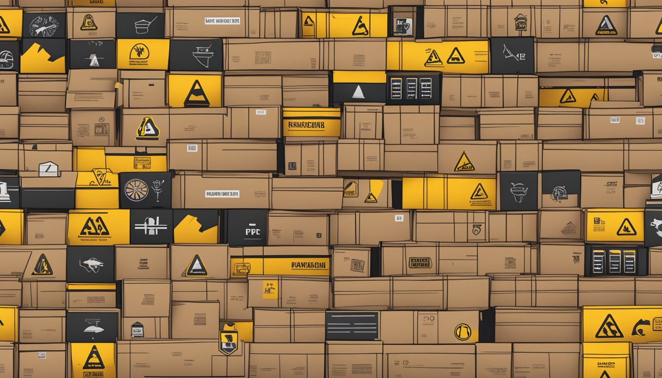 A pile of various cardboard types with warning symbols