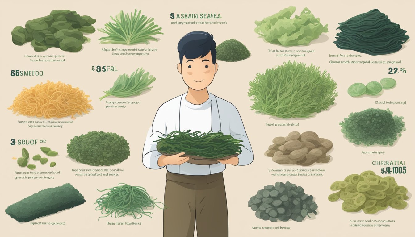 A person holding a piece of raw seaweed, surrounded by various types of seaweed and a nutritional information label