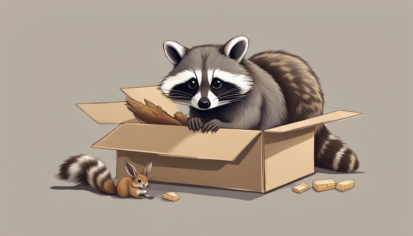 A raccoon nibbles on a cardboard box, while a rabbit chews on a torn piece. A squirrel carries a small piece of cardboard in its mouth