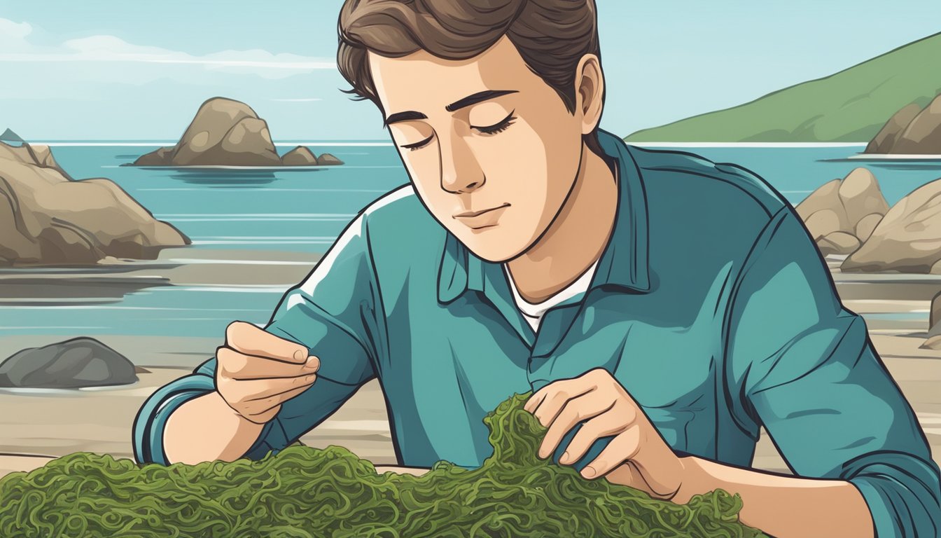 A person holding a piece of raw seaweed and examining it closely with a curious expression