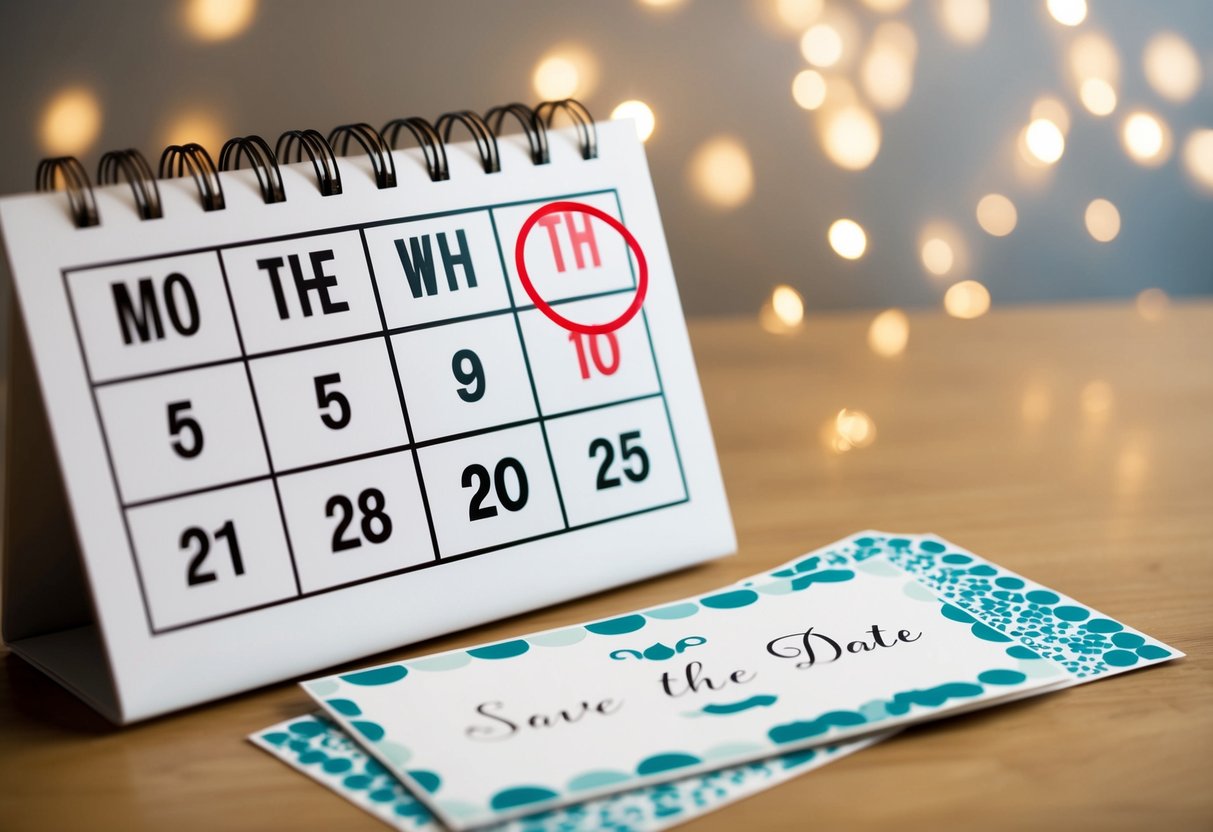 A calendar with a date seven months in the past circled in red, with a Save the Date card lying nearby