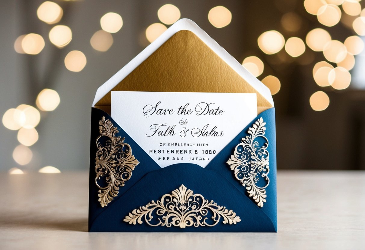 A decorative envelope with a save the date card inside, featuring elegant design and the names of the couple