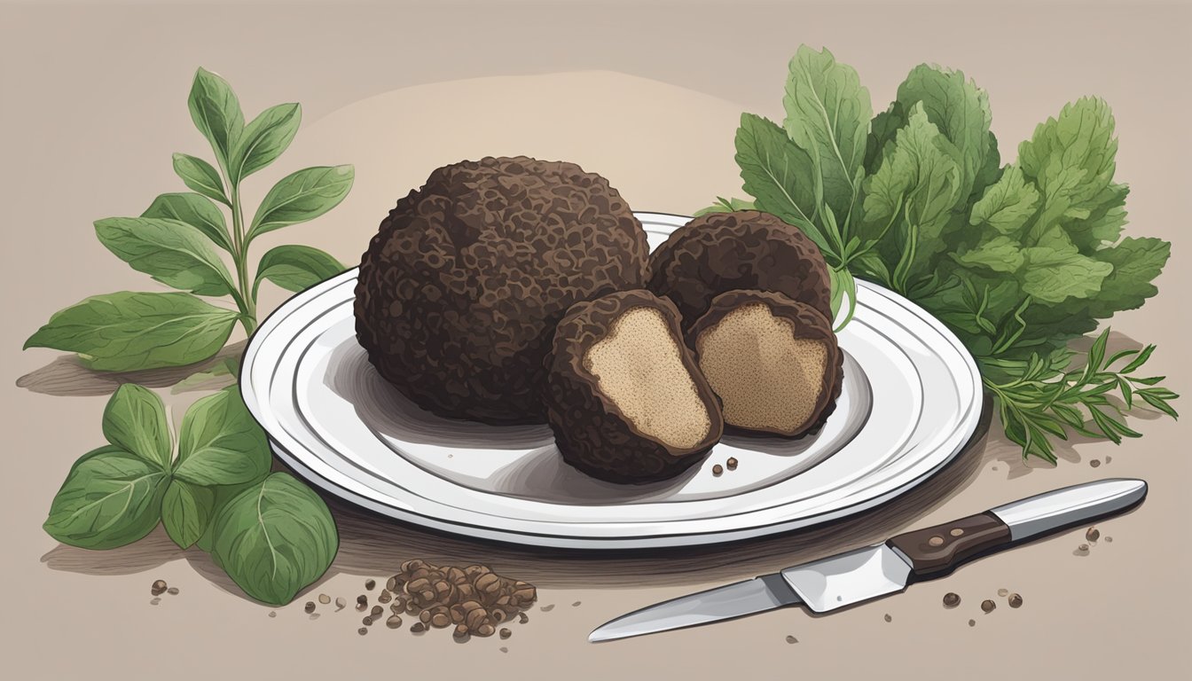 A burgundy truffle sits on a clean white plate, surrounded by fresh herbs and a knife. A nutrition label hovers nearby, indicating safety