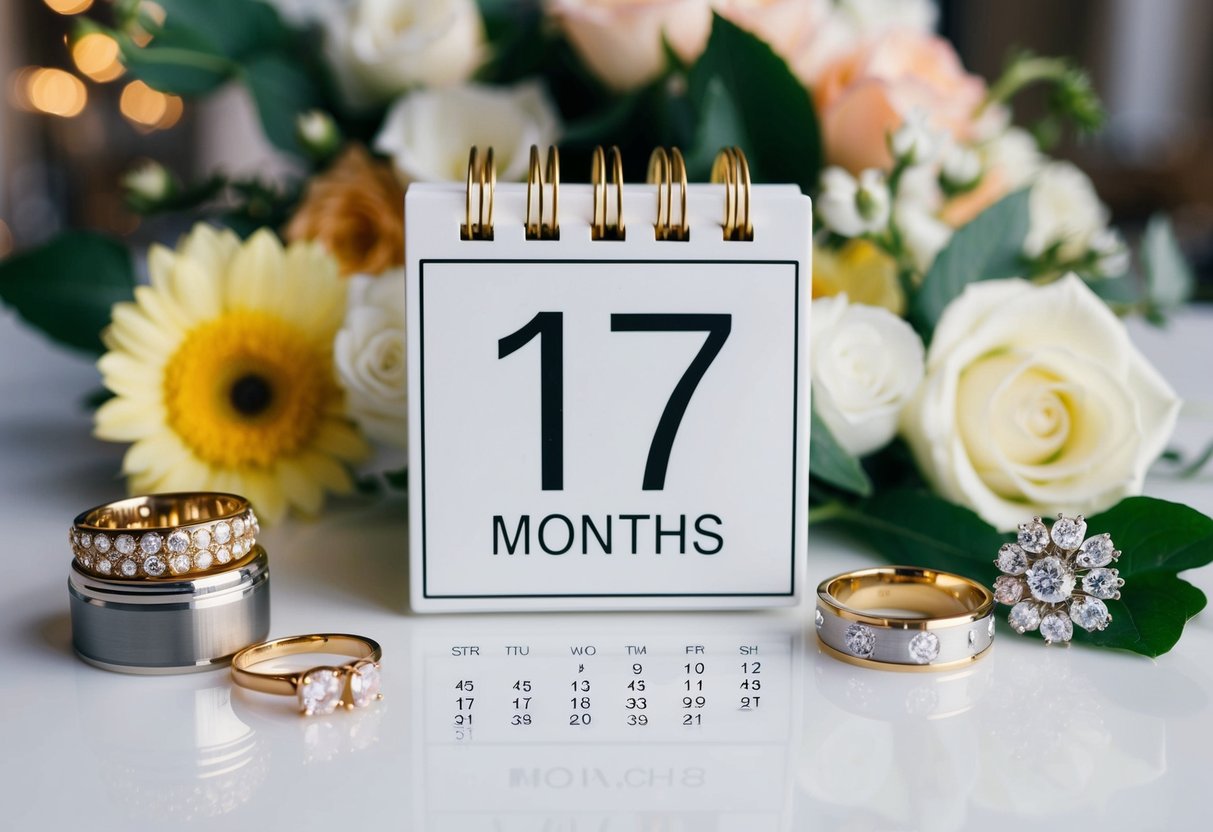 A calendar with the date 7 months in the past, surrounded by wedding-related items like rings, flowers, and a venue
