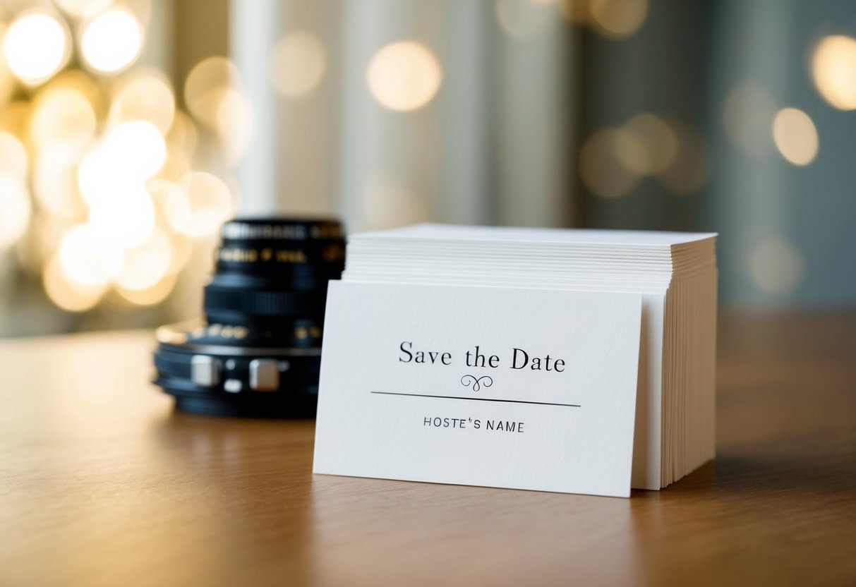 A stack of elegant save the date cards with a prominent space for the host's name