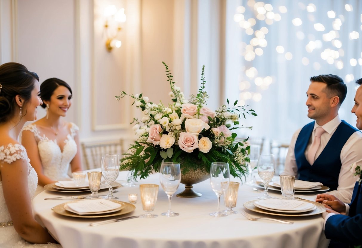 A wedding top table with a floral centerpiece, elegant place settings, and the bride seated on the left side