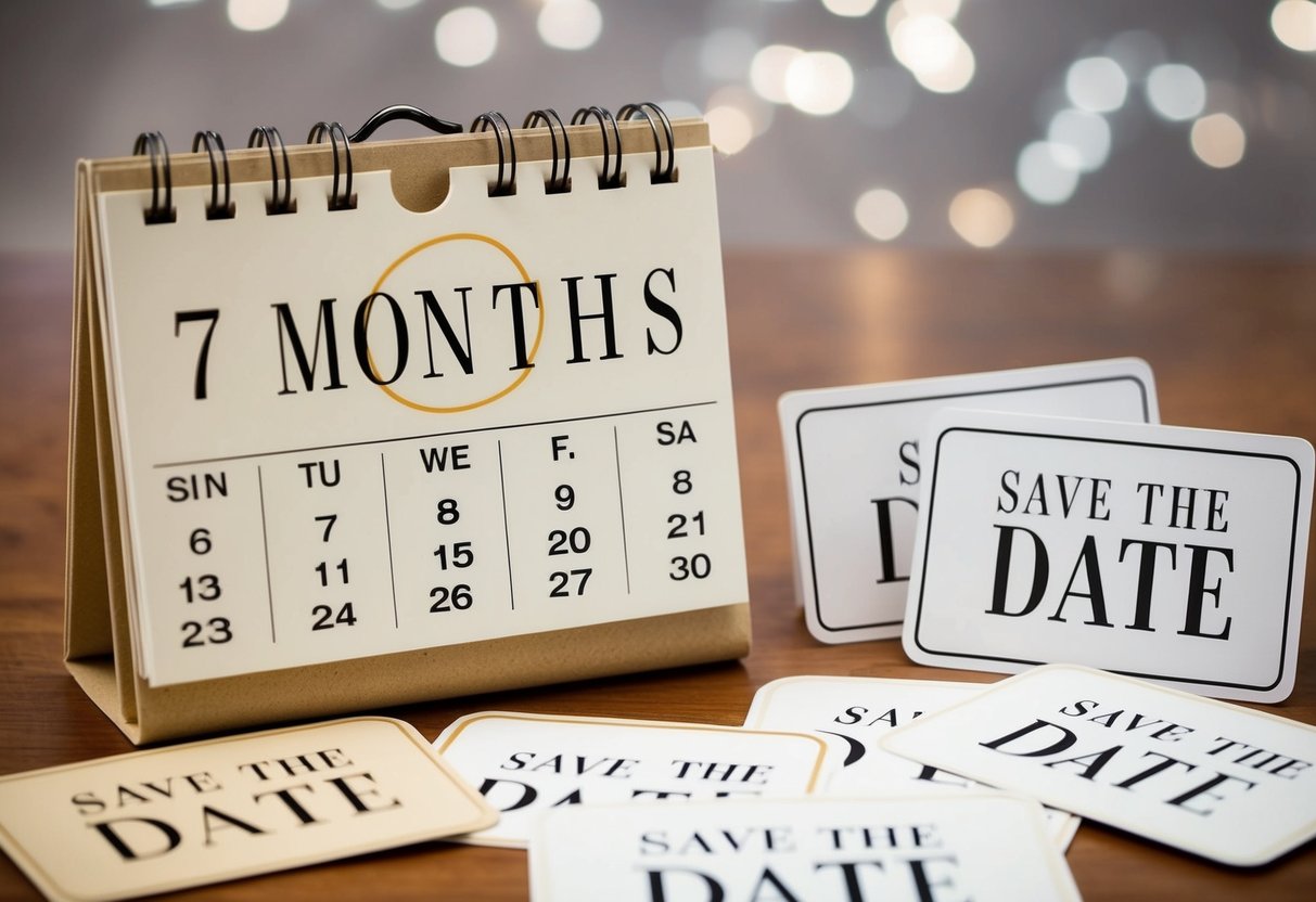 A calendar with the date 7 months in the past circled, surrounded by various save the date cards and a concerned expression