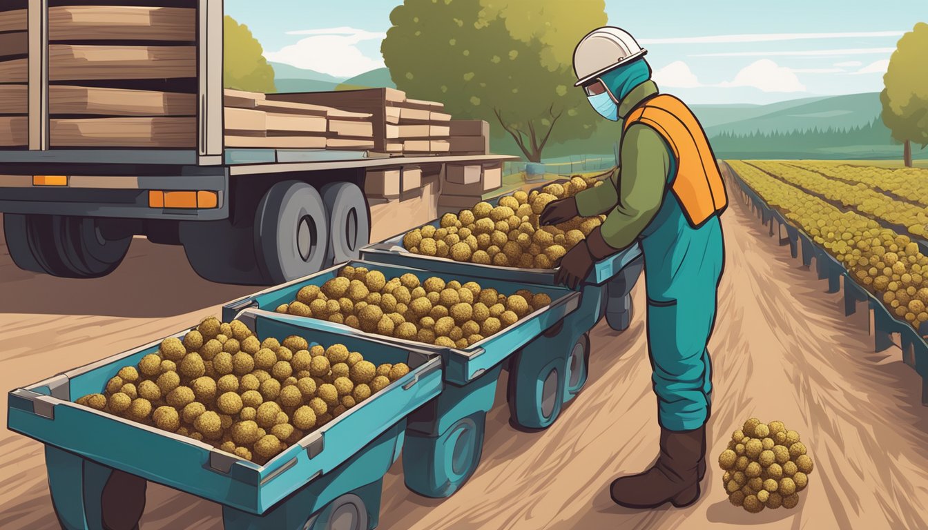 A person in protective gear examines freshly harvested burgundy truffles. Crates of truffles are being loaded onto a truck for transport