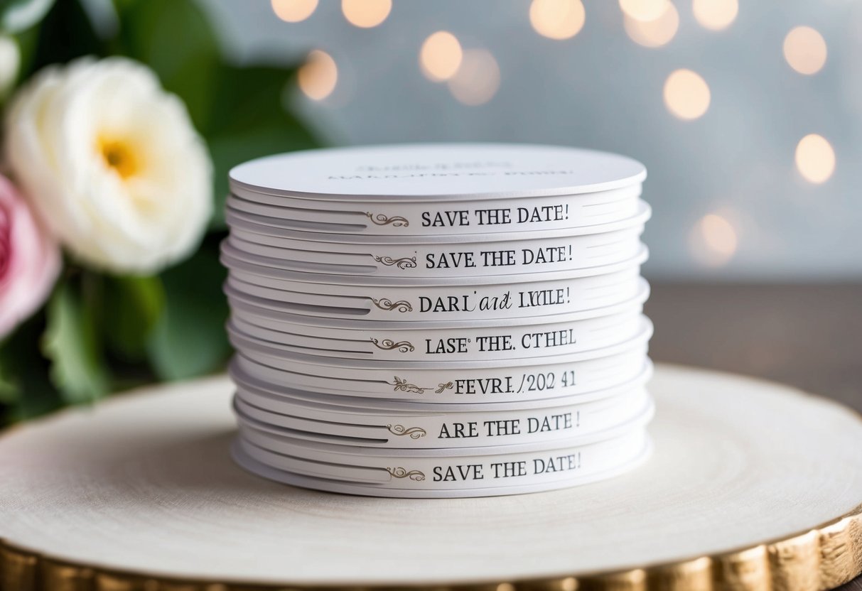 A stack of elegant save the date cards with the girl's name listed first on each one