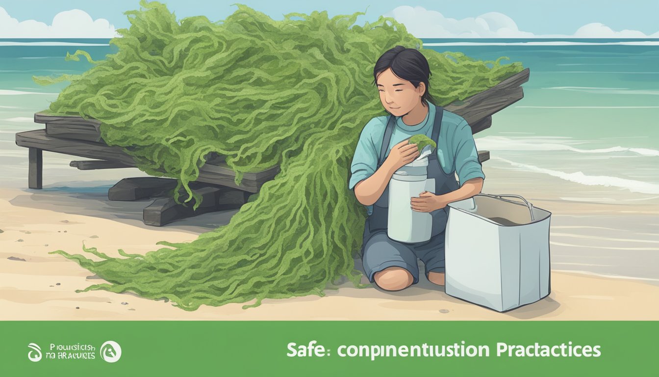 A person holding a piece of raw seaweed, looking uncertain. Nearby, a sign with "Safe Consumption Practices" written on it