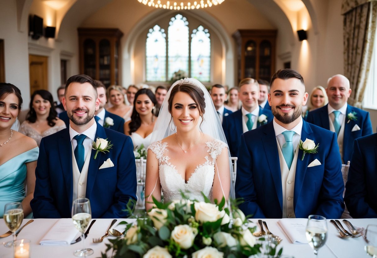 The bride sits on the left side of the top table at a wedding in the UK, surrounded by the wedding party