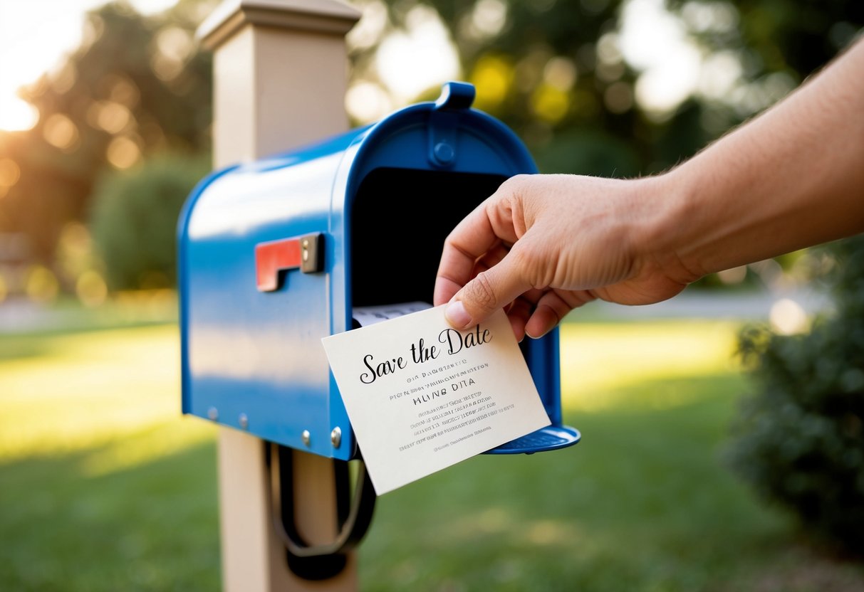 A hand placing a save the date card into a mailbox