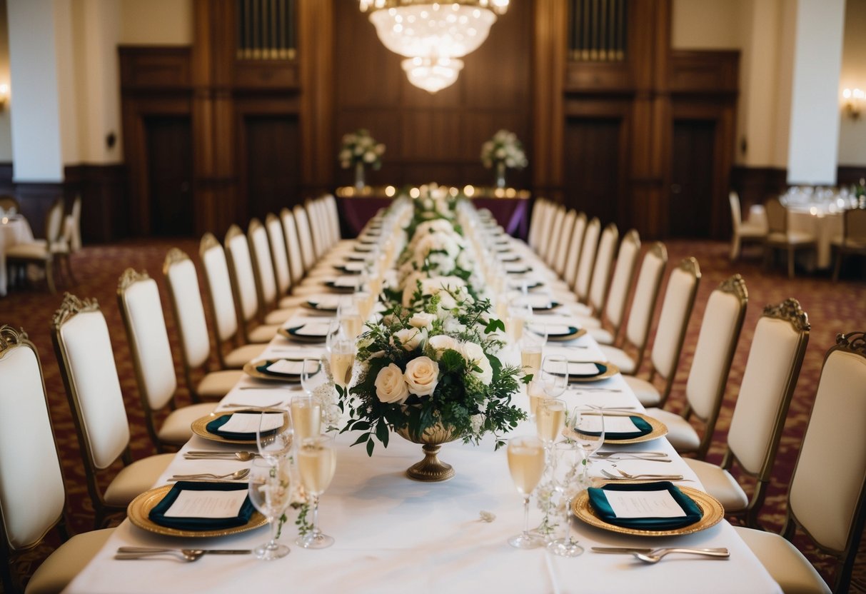 A grand banquet hall with a long, ornate top table adorned with flowers and place settings. The bride's seat is on the left side as viewed from the entrance
