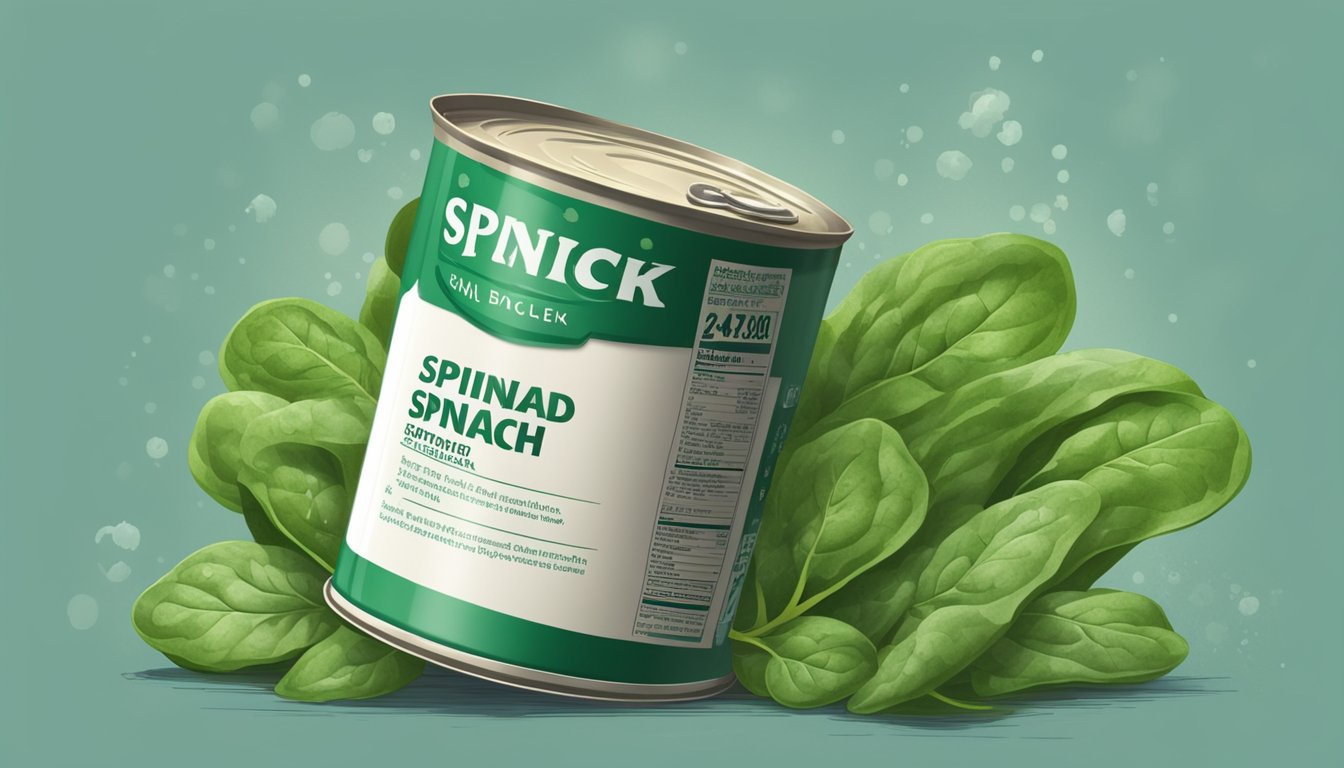 A can of expired spinach with a faded label, surrounded by mold and a foul smell