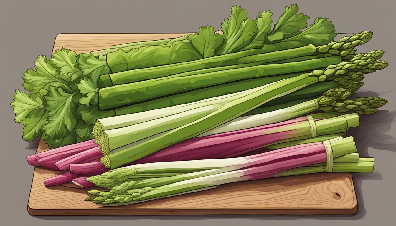 A variety of edible stems, such as celery, asparagus, and rhubarb, arranged on a wooden cutting board