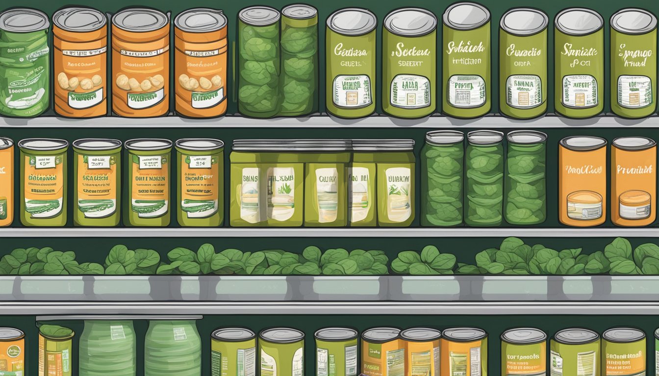 A pantry shelf with a row of canned spinach, some with expiration dates passed, alongside a stack of storage guidelines