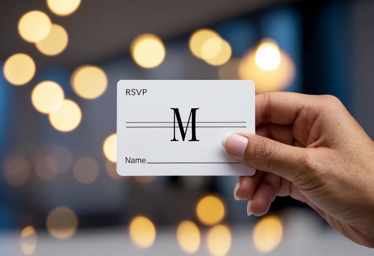 A hand holding an RSVP card with an "M" written on the line next to the word "Name."