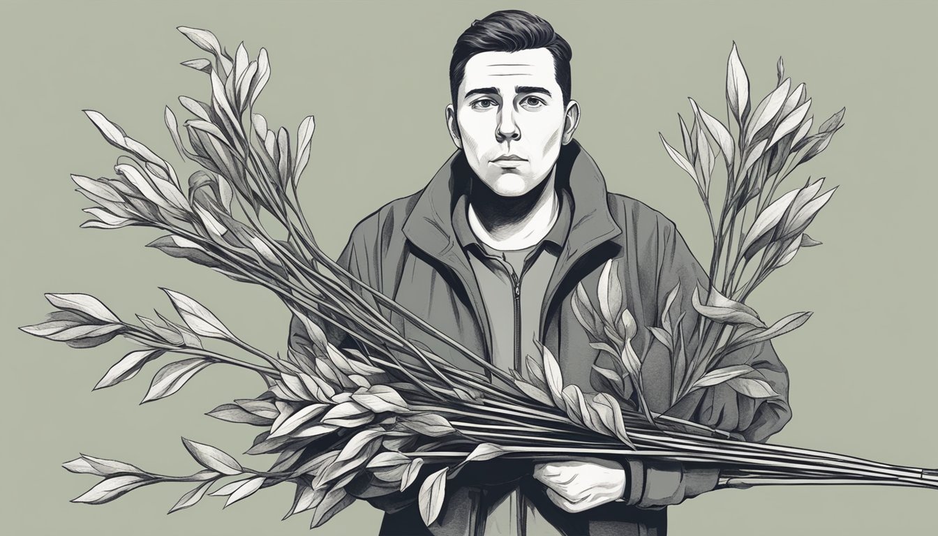 A person holding a bunch of raw stems with a cautious expression