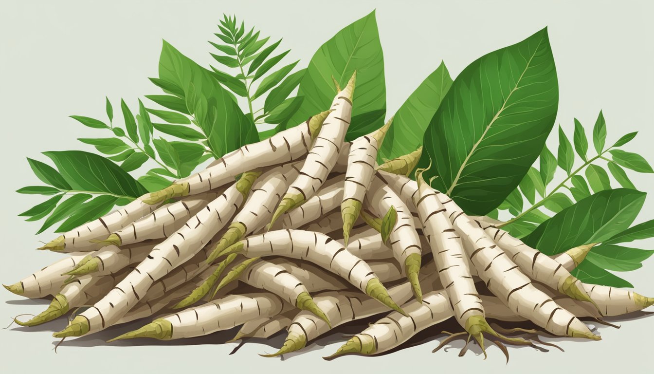 A pile of fresh cassava roots with green leaves scattered around