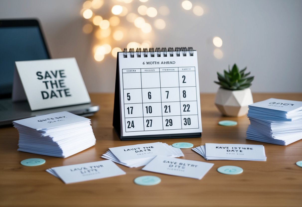 A desk with a calendar showing 8 months ahead, a stack of guest list papers, and save the date cards scattered around