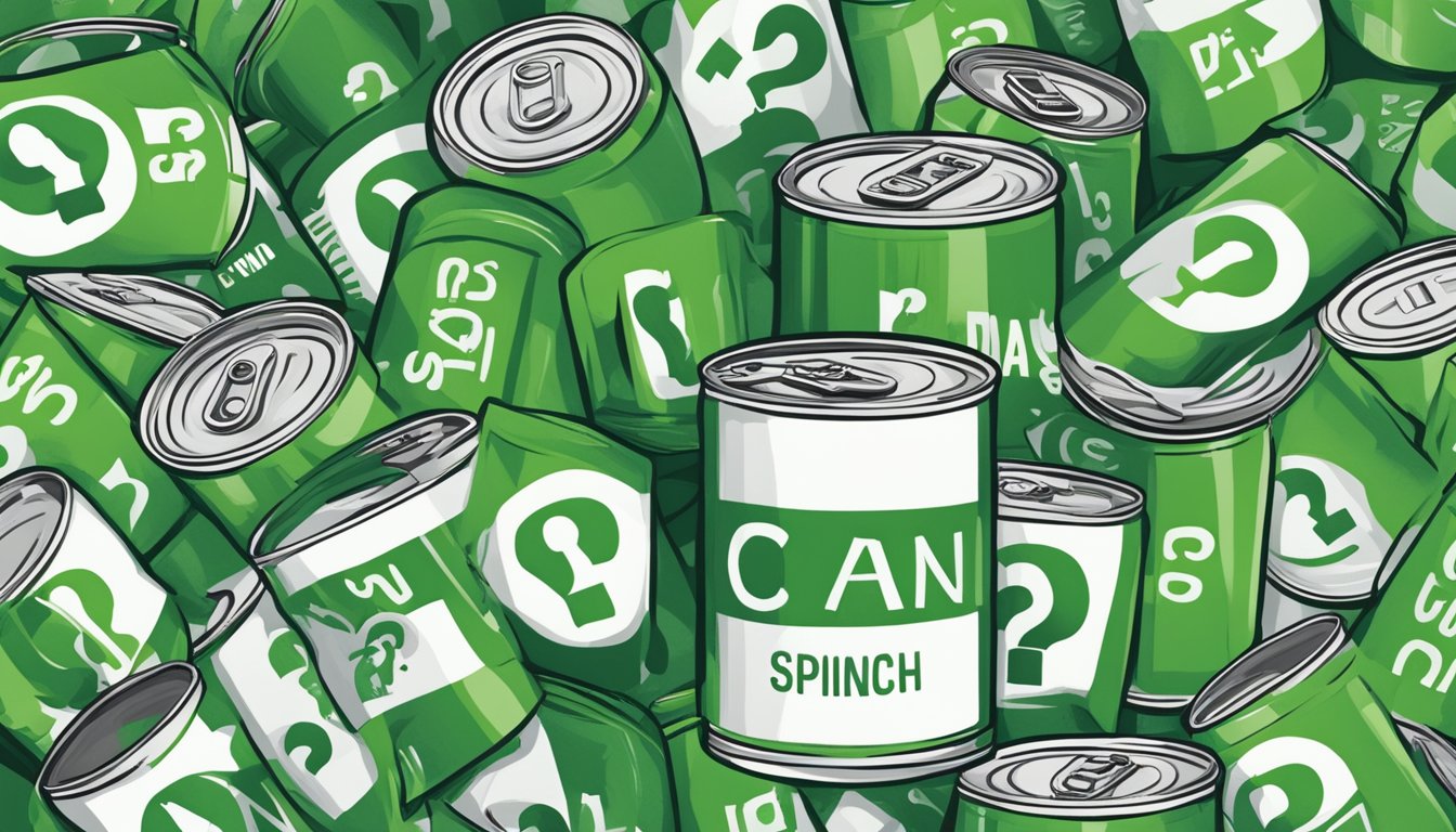 A can of expired spinach surrounded by question marks and caution signs