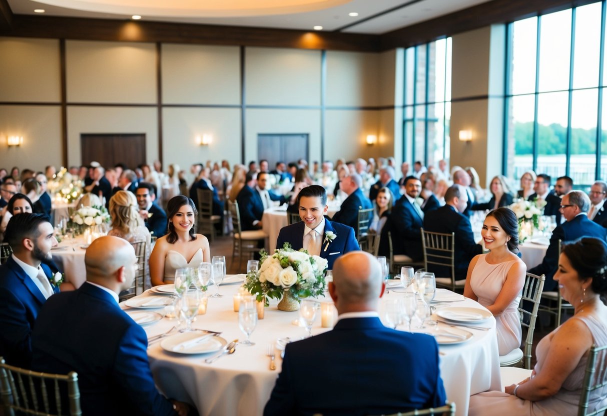 Guests seated at round reception tables, with the bride and groom's table positioned at the center of the room