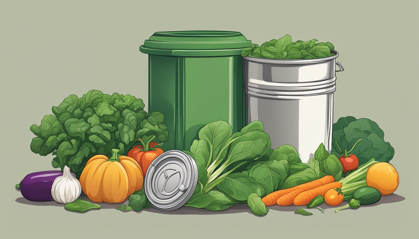 A can of expired spinach surrounded by fresh vegetables and a trash can