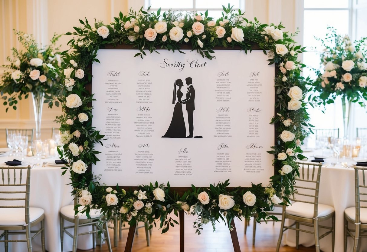 A beautifully arranged seating chart with the bride and groom at the center, surrounded by elegant place settings and floral arrangements